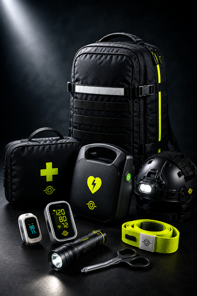 Notfallausrüstung von ResQNec: Notfallrucksack, Erste-Hilfe-Tasche, Defibrillator, Messgeräte usw.